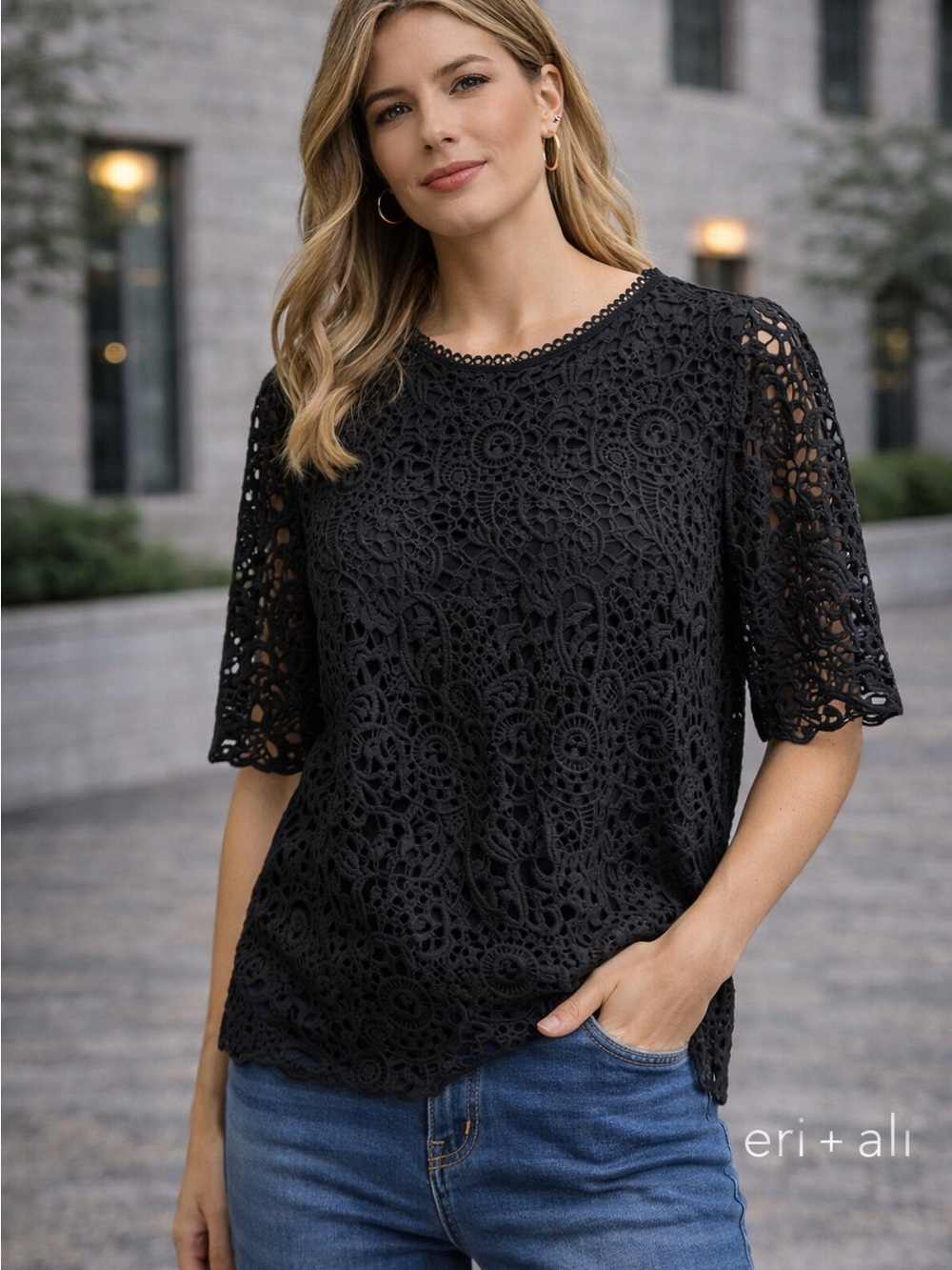 Anthropologie Black Crochet Lace Short Sleeve Top
